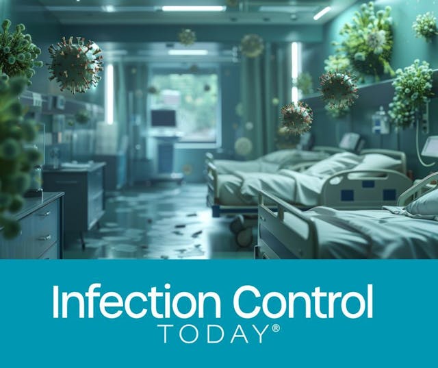 An artistic 3D illustration of a hospital room with virus particles in the air, showcasing the importance of proper hygiene and infection control in health care.  (Adobe Stock 853610624 by MAY) 