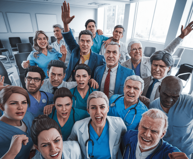 Health care workers gathered together, celebrating because of a stronger relationship and better safety for staff and patients.  (Image credit: Author with AI)