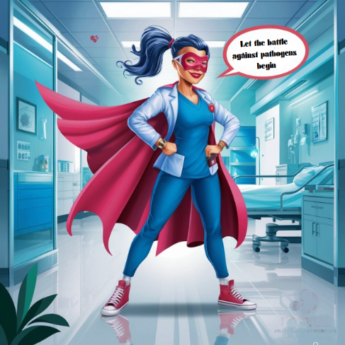 An image of an infection prevention personnel in a superhero cape and mask.  (Image by author with AI)