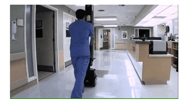 Figure 3. Demonstration of OhmniClean’s maneuverability in complex environments and ability to disinfect conjoined rooms, eg a patient bathroom, within 1 cycle.  (Image credit: authors.)