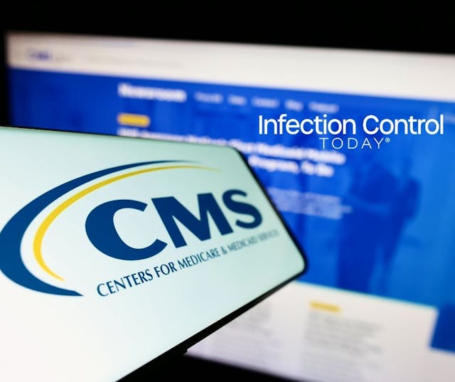 A mobile phone with the logo of the Centers for Medicare and Medicaid Services (CMS) on screen in front of the website.    (Adobe Stock 533699257 by Timon) 