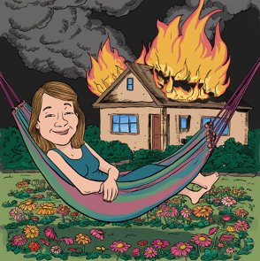 An image of a smiling person sitting in a hammock while her house burns.  (Image credit: Author With AI)